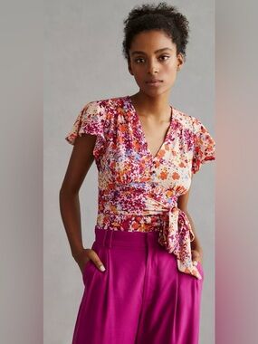 By Anthropologie - V-Neck Floral Flutter Top